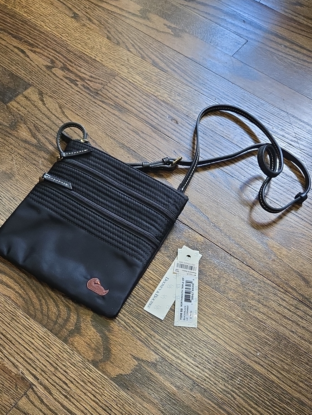 Dooney & Bourke North South Triple Zip Nylon Crossbody All Black Pink lining